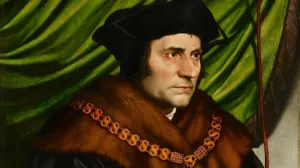 Oil painting of Sir Thomas More in a black cap and fur-lined black cloak against a green curtain