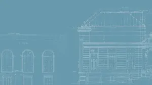 blue colorized drawing of facade of library building