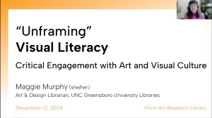 video still of online presentation with slide reading -unframing visual literacy