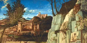 Painting of a landscape with rolling hills and town in the middleground.