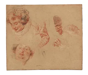 Black, red, and white chalk studies of two heads, an arm, and three hands.