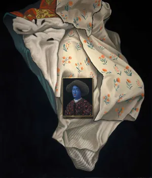 View of a portrait installed on top of a pastel mural