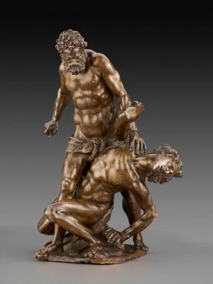 Bronze sculpture of one man slaying another man, frontal view.
