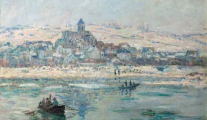 oil painting of a river in winter with a cityscape and snow-covered mountains in the background