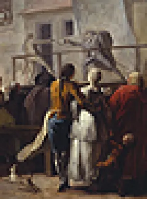closeup of painting of street theatre with onlookers watching, standing amongst trees