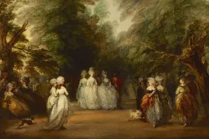 oil painting of group walking though park